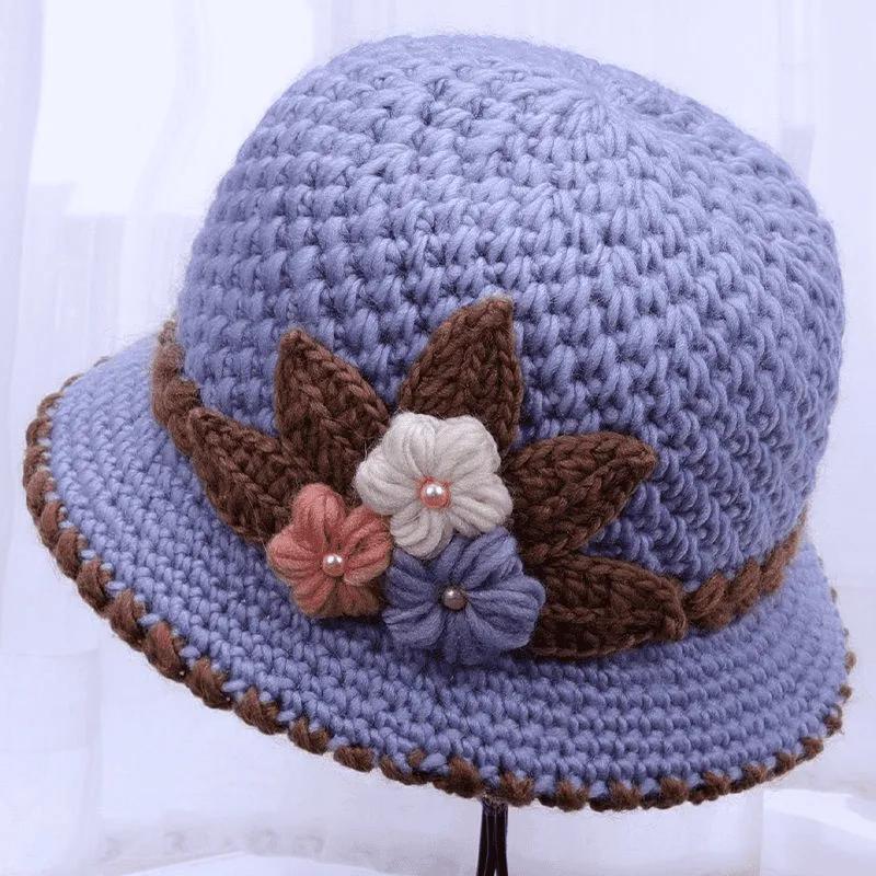 WTEMPO Mom's Cold-proof Windproof Outdoor Knitted Hats with Flowers Women's Solid Color Warm Winter Soft Woolen Hats