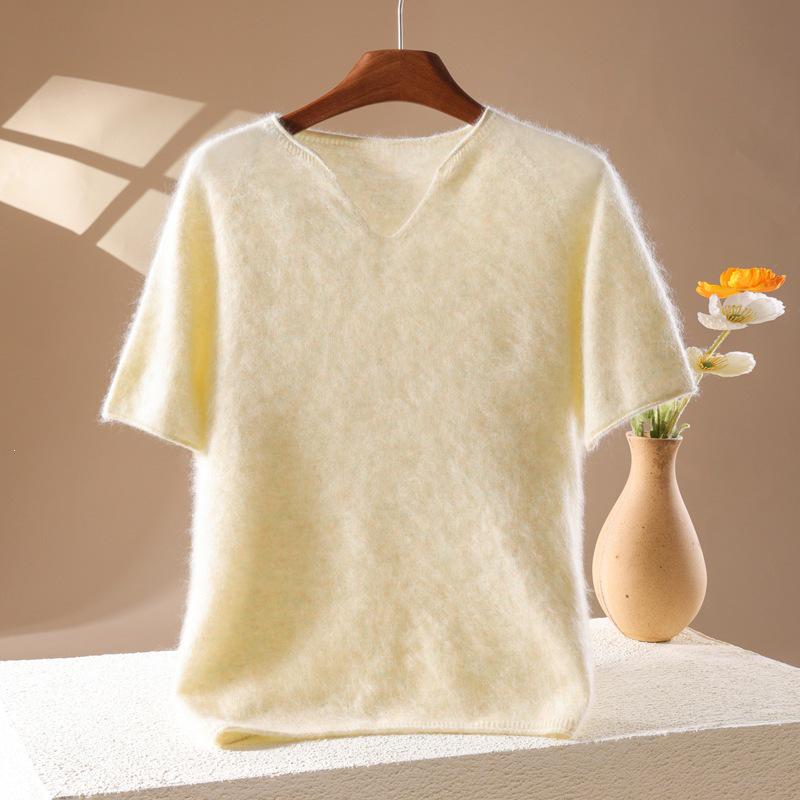 2026 A/W Women's V-Neck Cashmere Wool Knit Short Sleeve Sweater