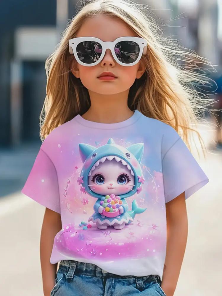Kinderkleidung Mädchen T-Shirt Mode Kurzarm-T-Shirt Sommerkleidung 3D-Druck Kinder Oberteile Cartoon Atmungsaktiv Kinder T-Shirt
