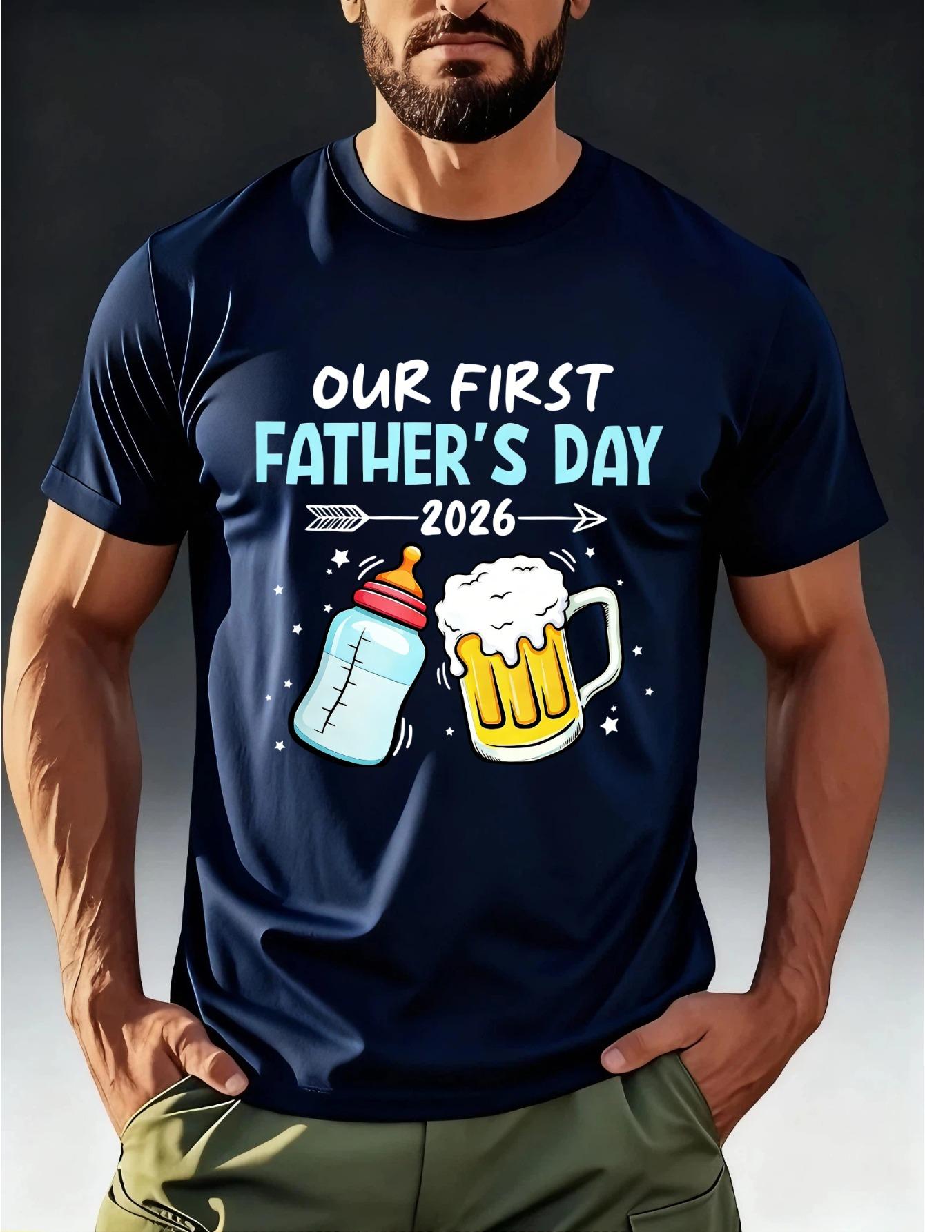 Our First Father s Day 51.46meter T-Shirt - Parent-Child Commemorative Baby Bottle & Beer Print Suitable for Father s Day Gifts L