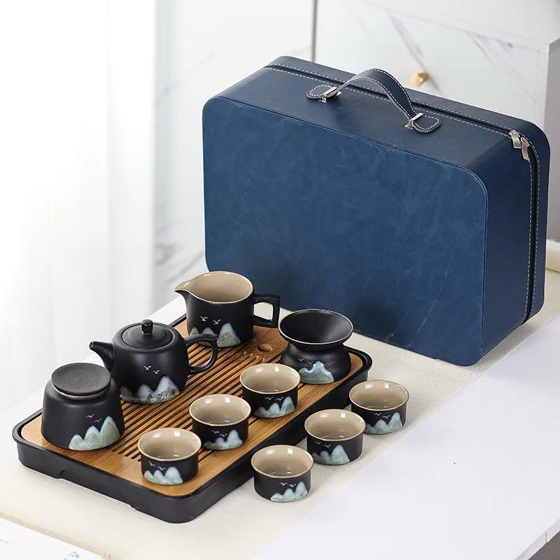 Gift box set with souvenir tea set, Qianli Jiangshan tea set with tea tray, household light luxury and simple ceramic tea can