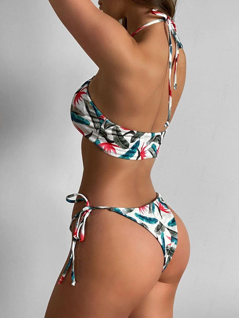ZAFUL Crossover Halter Ribbed Palm Leaf Print Thong Bikini Swimwear