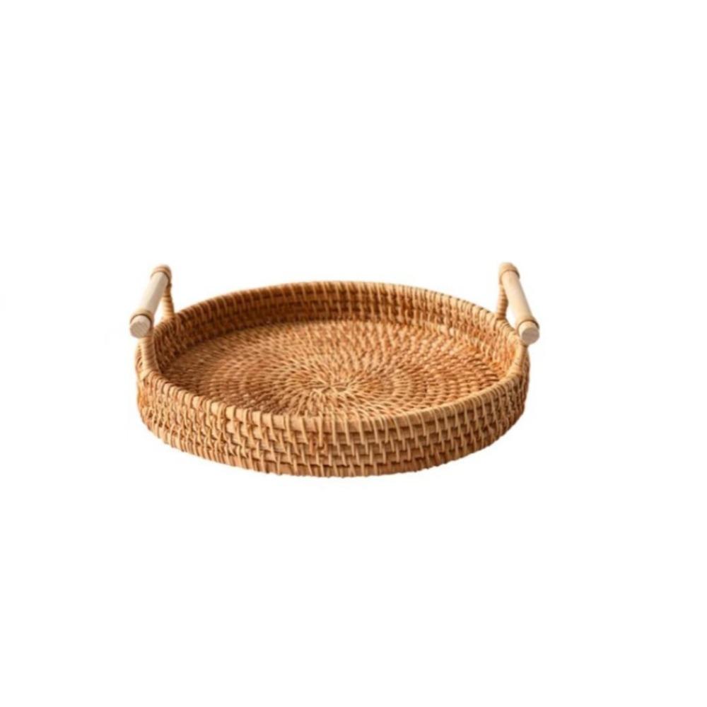 

Handwoven Handmade Rattan Tray with Handles Round Shape Food Storage Basket Large Capacity Eco-Friendly Kitchen Organizer Tray