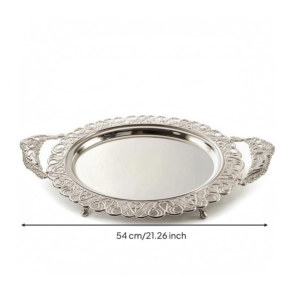 Serving Platter with Feet Silver Handles Floral Ornate Metal Tray for Hosts,