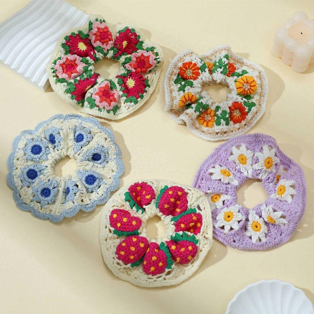 Süße Bohemian-Stil Häkelblumen Scrunchies Flores Elastisches Süßes Haargummi Gewebtes Buntes Strick-Haarseil Kopfschmuck