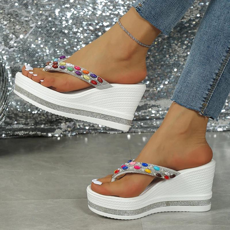 Fashion Colorful Pearls Wedge Flip Flops for Women Fashion Crystal Chunky Platform Sandals Woman Summer 2025 Thick Bottom Beach Slippers