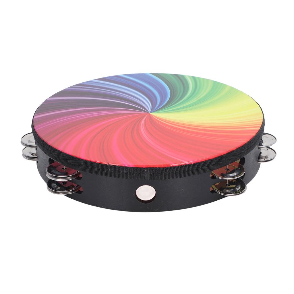Handheld Tambourine 10 Inch Double Layer Bell Piece Solid Wood and PET Hand Held Drum Colorful