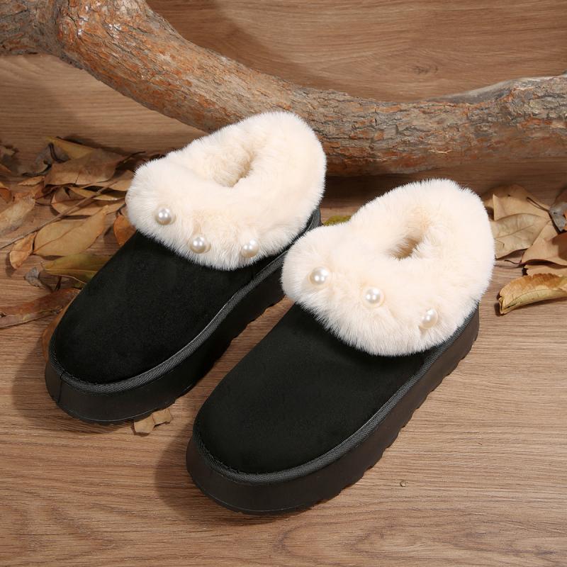 Non Slip Thick Bottom Furry Snow Boots Women 2025 Winter Chunky Platform Wedge Heel Plush Ankle Boots Fluffy Fur Pearl Shoes