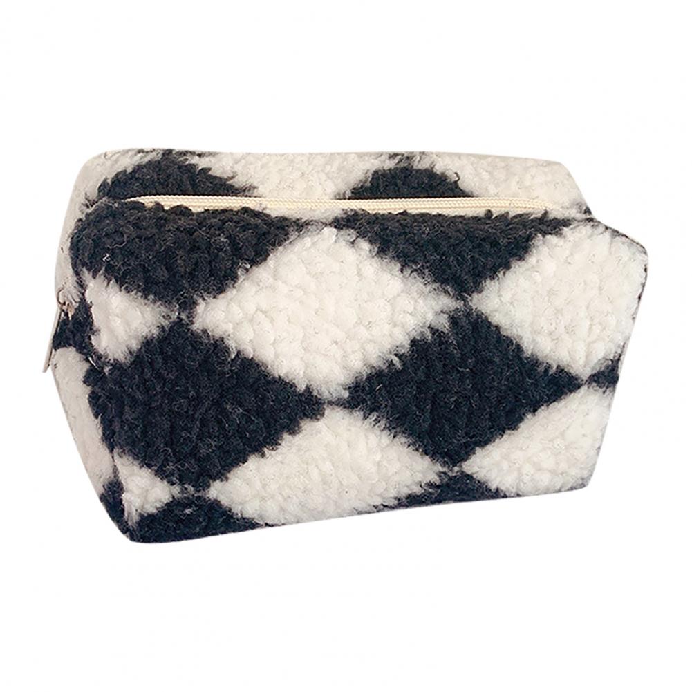 Makeup Bag Cosmetic Pouch for Travel Soft Plush Large Capacity Zipper Lady Travel Checkerboard B
