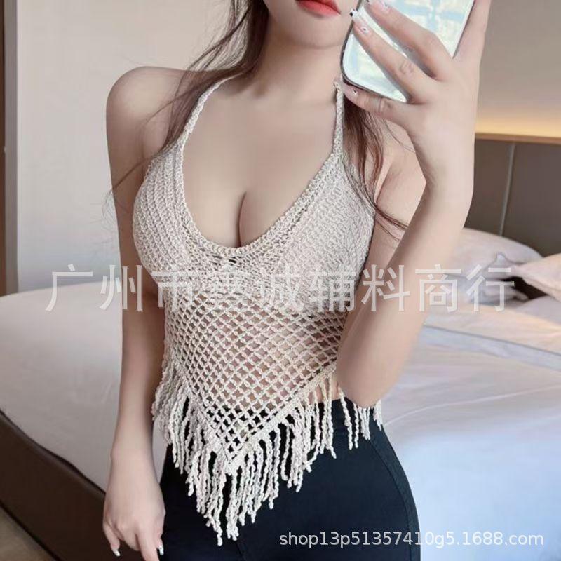 Neck small vest with chest pad, sling inside, shoulder-spilled backrest, hollow tube top, embroidered vest, women's summer short top