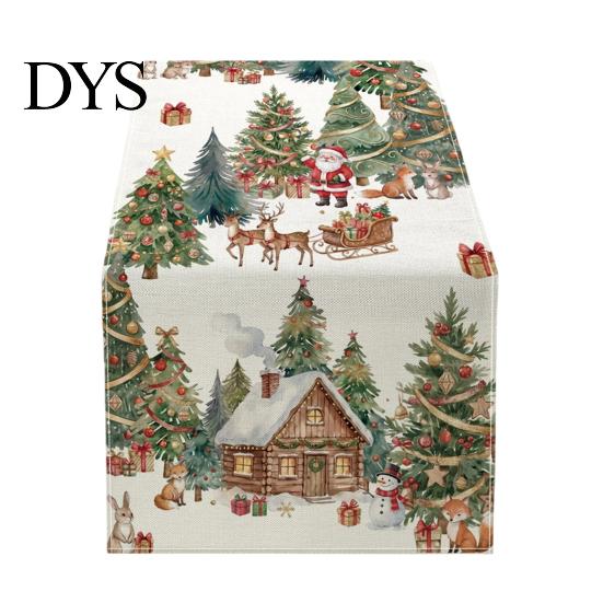 Farmhouse Table Runner Linen Christmas Runner, Winter Reindeer Santa Seasonal Home Decorations Prints, Tabletop Overlay for Holiday Dining Decor