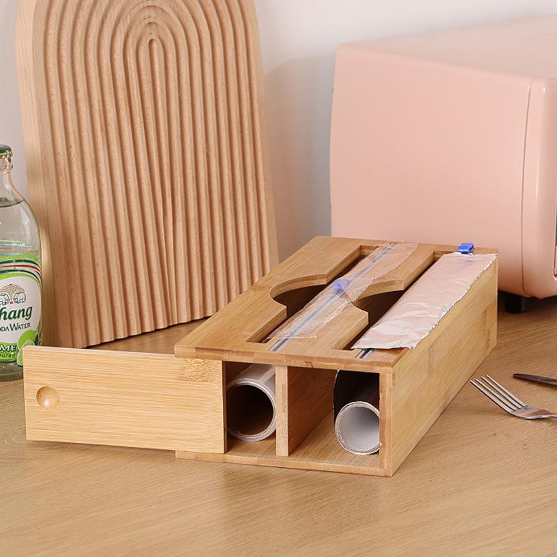 Bambus Fach Frischhaltefolie Alufolie Cutter Box Mit Küchenpapier Wandmontiert Papierhandtuch Küchenorganizer Zubehör