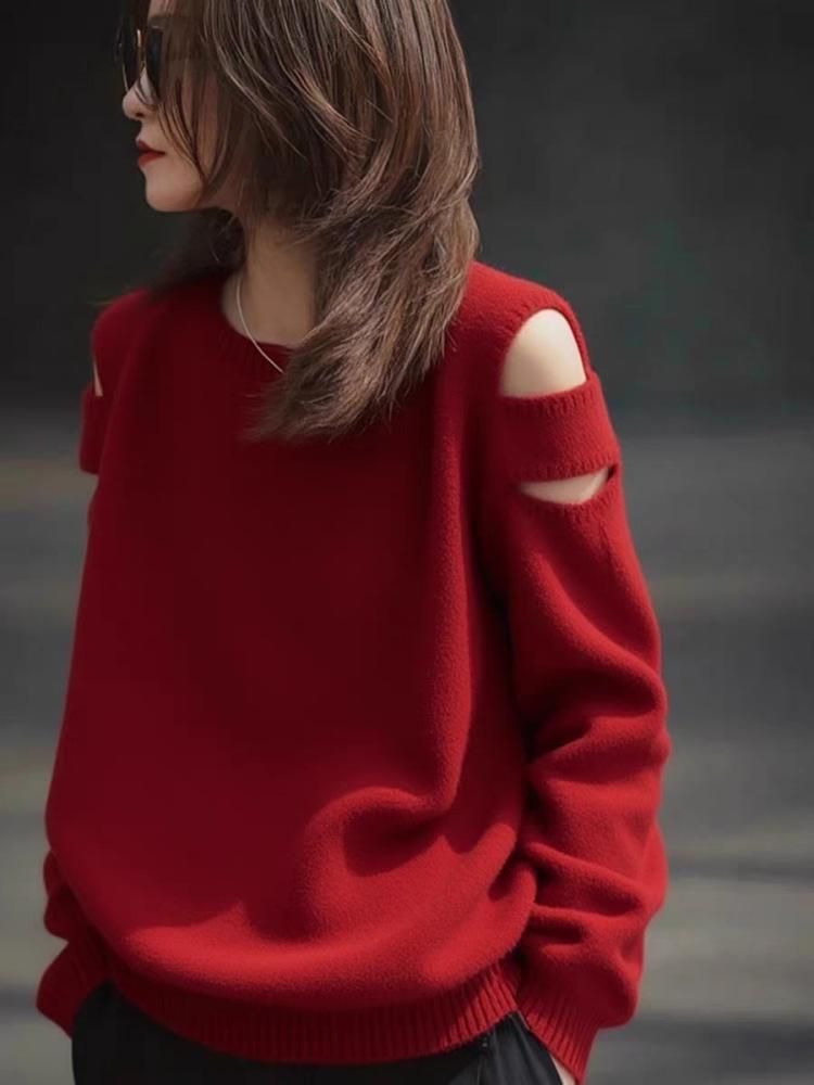 Women's Trendy Red Off-Shoulder Hollow-Out Wool Sweater - Loose, Slimming, Versatile Pullover Design