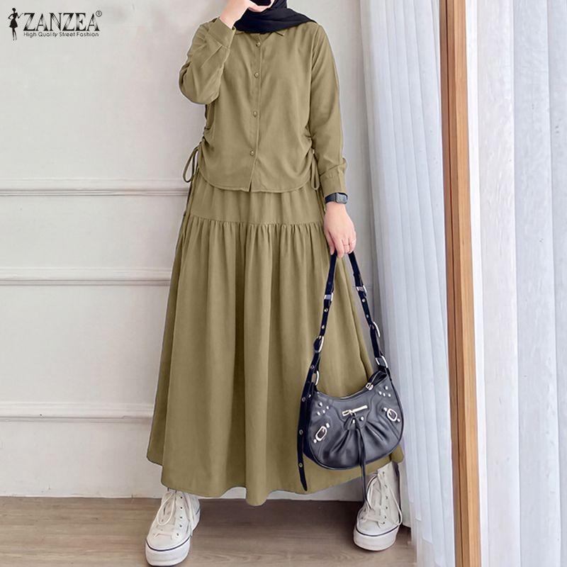 ZANZEA Women Long Sleeve Blouse and Long Skirts Casual Two Piece Suit Sets
