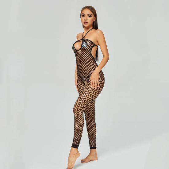Women Jumpsuit Halter Neck Hollow Out Fishnet Backless Sleeveless Slim Fit Nightwear Open Crotch See-through Seductive Bodysuit for Bedroom Honeymoon