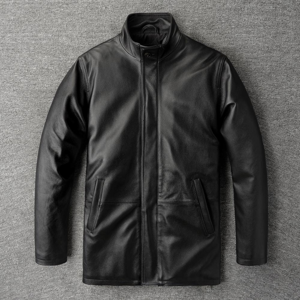 Casual Long Jacket Men Genuine Cow Leather Coat Classic Black Plus Size Jackets Men's Clothes Autumn Winter