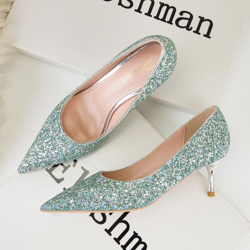 

Модные туфли на узком каблуке с заостренным носком, с блестящими пайетками, на высоком каблуке, с банкетным отделением, свадебные туфли 34 зелёный