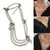 Imitation Pearls Necklace with Multiple Strands Rhinestones Bowknot Clavicle Chain Handmade Adjustable Length Neckchain