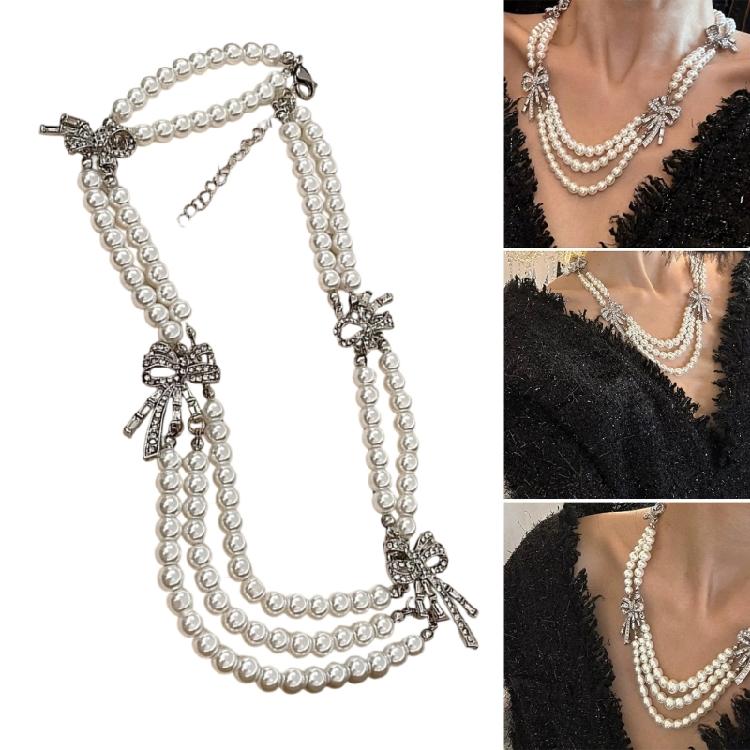 Imitation Pearls Necklace with Multiple Strands Rhinestones Bowknot Clavicle Chain Handmade Adjustable Length Neckchain