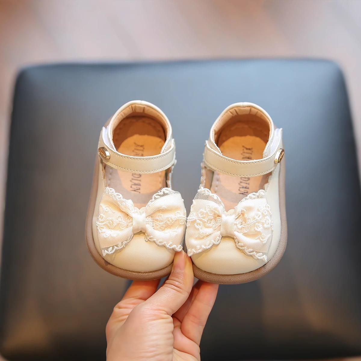 

Baby Girls Walking Shoes Round Toes Non-slip Kids Leather Shoes Pu Hook&loop 2025 New Girls Princess Shoes Mesh Lace Bows 16 бежевый