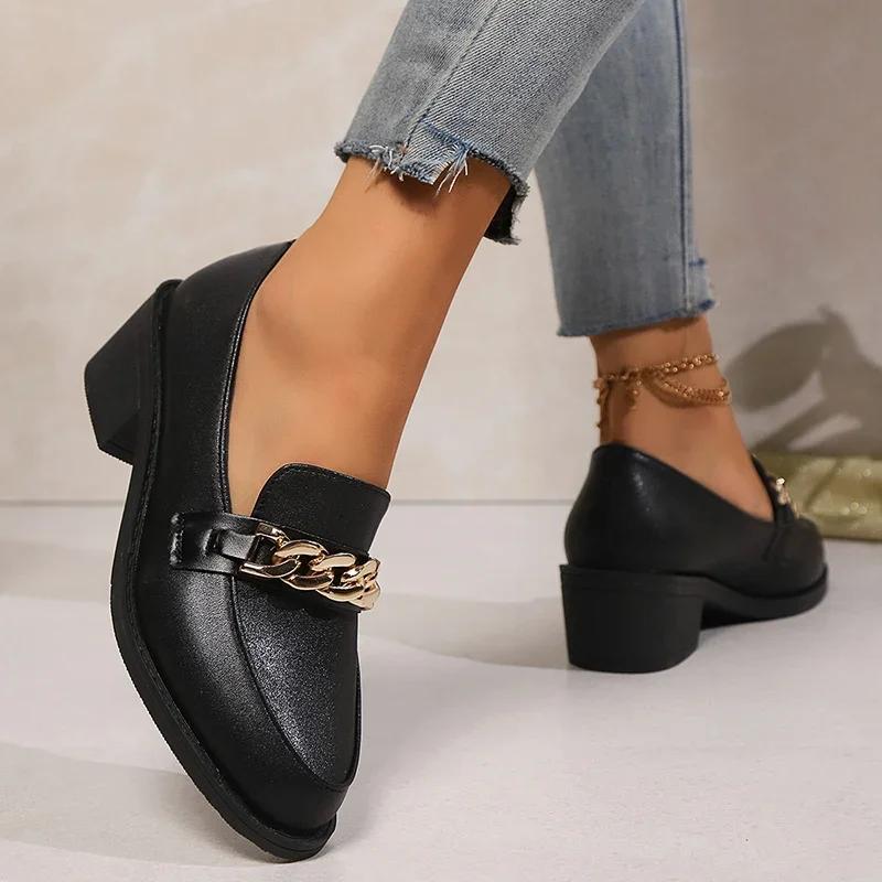 Fashion Metal Chain Black Loafers Shoes for Women 2025 Spring Comfortable Chunky Heels Pumps Woman Black Pu Leather Slip On Dress Shoes