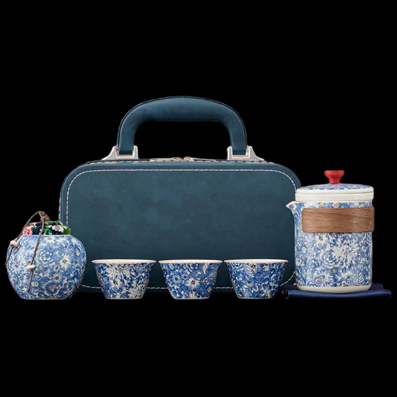 Shangqi Ru Ware Travel Gongfu Tea Set with Floral Design