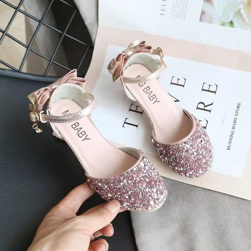 

Children s Sandals Summer High Heeled Shoes for Girls Bowknot Crystal Sequins Wedding Party Shoes Princess Sneakers I03265 26 рожевий