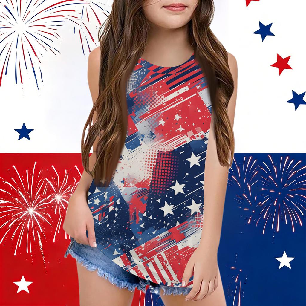 Girls  Kids Summer Crewneck Sleeveless Shirts Tank Tops Independence Day