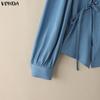 VONDA Women V-Neck Long Sleeve Lace-up Irregular Solid Color Casual Blouse