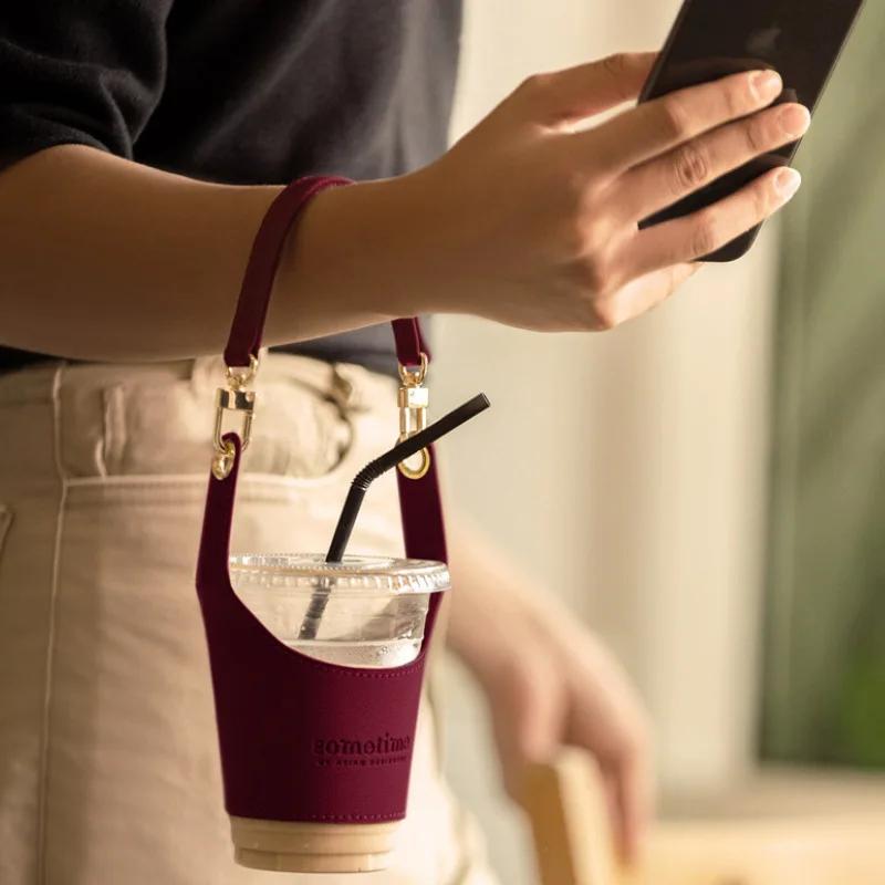 1pc PU Leather Portable Cup Cover, Insulated Cup Sleeve with Handle.