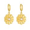 Gold Plated Stainless Steel Daisy Pearl Hoop Earrings for Women
