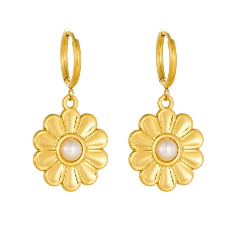 Gold Plated Stainless Steel Daisy Pearl Hoop Earrings for Women