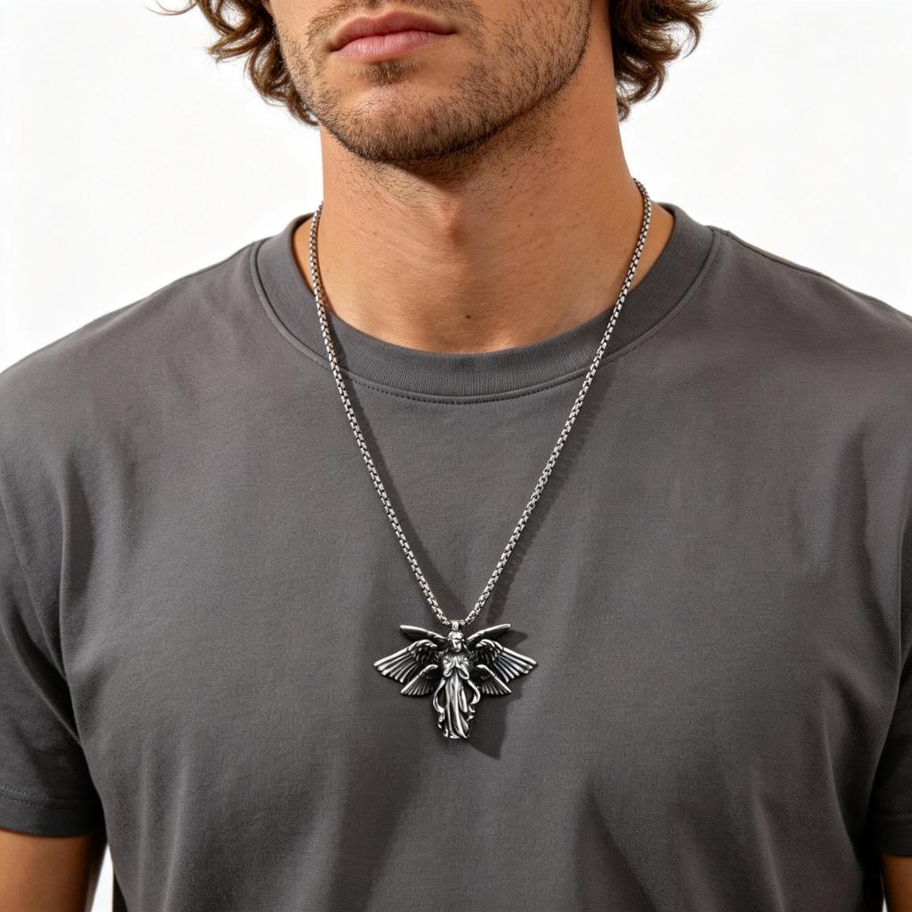 Punk Six Winged Angel Necklace for Men,High Quality Stainless Steel 3D Angle Pendant Necklace,Vintage Streetwear Jewelry Gift