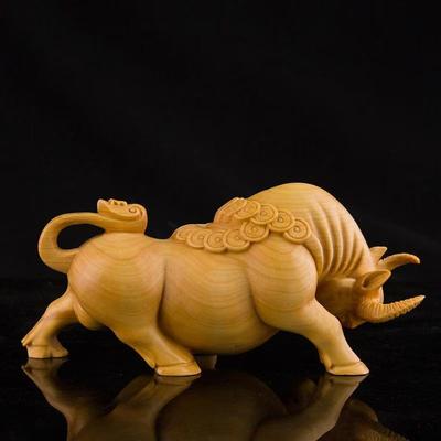 Natural Solid Wood Wealth Fortune Bull Statue  Chinese Characteristic Small Statue Cute Home, Room, Office, Car Decoration