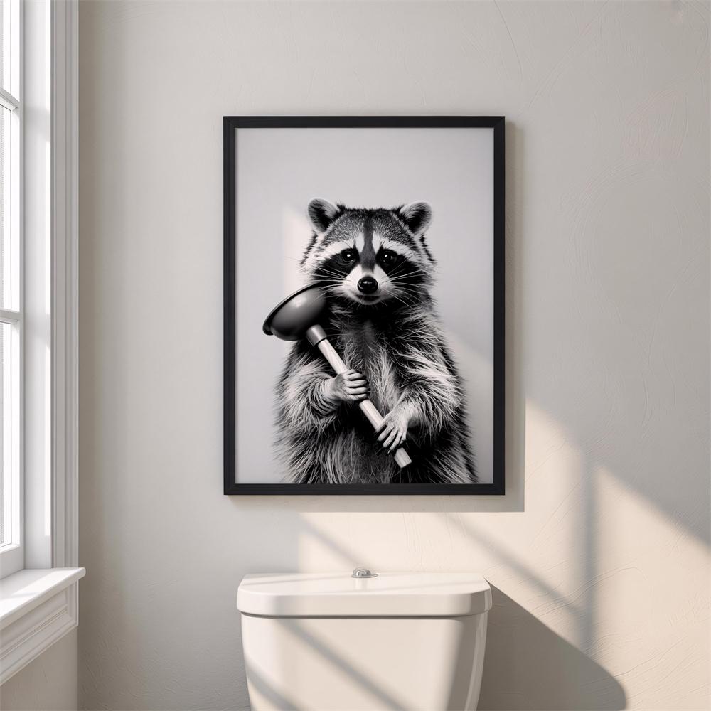 Lustiger Waschbär Wandkunst Druck Schwarz-Weiß Tier Dekor für Badezimmer Humor Dekor Für Toilette Lustiger Affe Badezimmer Poster