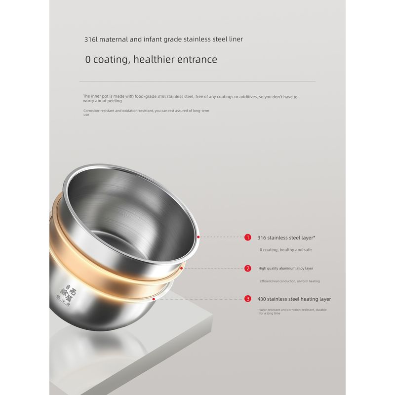 Suitable for Xiaomi C1 Rice Cooker 3 Liters 4l5l Stainless Steel Liner 0 Coated 316L Stainless Steel Inner Cooking Pan Liner Accessories