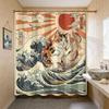 Relaxed Cat Shower Curtain, Japanese Art Great Wave Sunset Design, Fun Vacation Scene Print, Unique Aesthetic Bathroom Decor