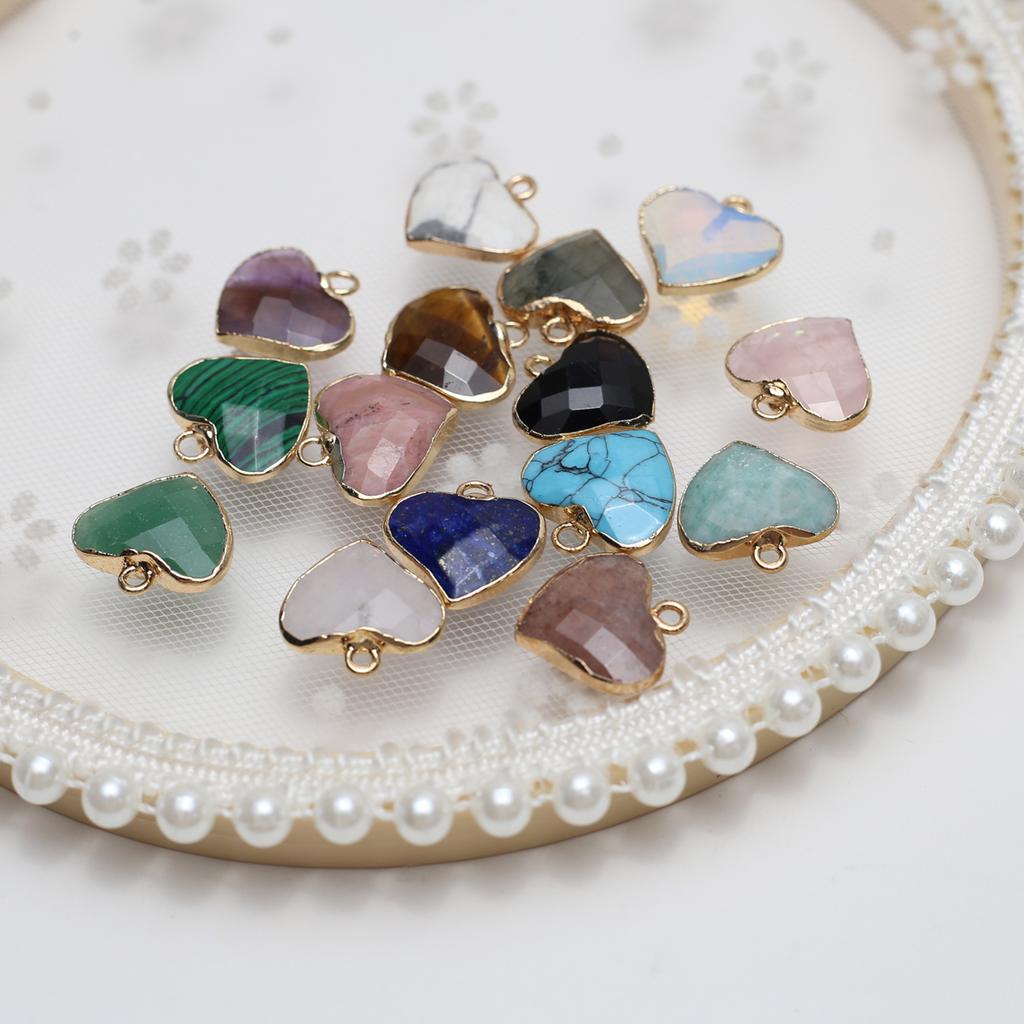3Pcs, Heart Crystal Pendant with Golden Edging, Faceted Natural Stone Lapis Lazuli Malachite Turquoise Charms for Jewelry Making DIY Crafts 18×18mm
