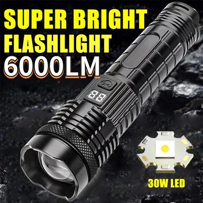 Torcia LED Long Shot da 6000LM, ricaricabile tramite USB, con zoom, lanterna da campeggio, impermeabile, 5 modalità, power bank per esterni, luce laser 18650