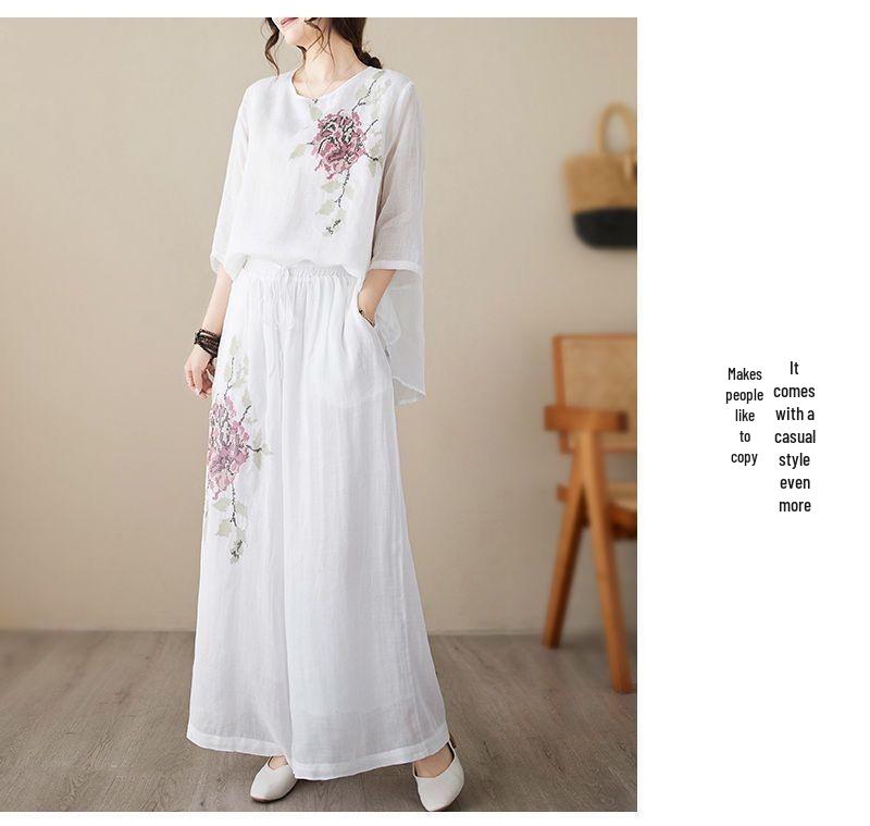 Completo Due Pezzi Estivo Floreale Ricamato in Cotone e Lino Taglie Forti da Donna - Maglia a Pullover e Pantaloni Leggeri