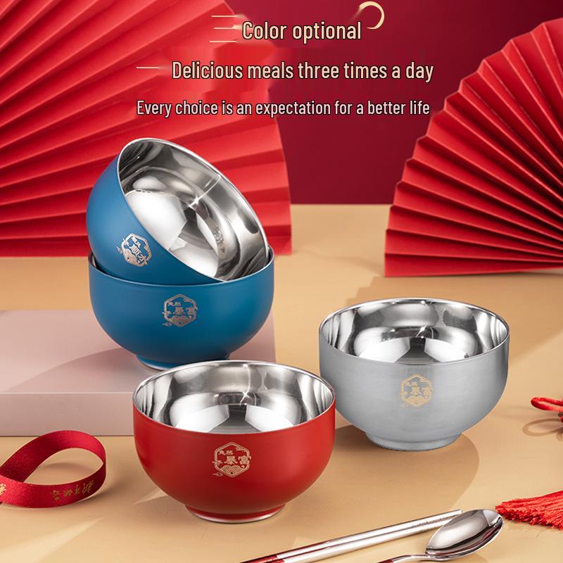 Red 304 Stainless Steel Bowl Set, Double-Layer, Anti-Scald, Heat Insulation - Available in Four or Six-Piece Sets.