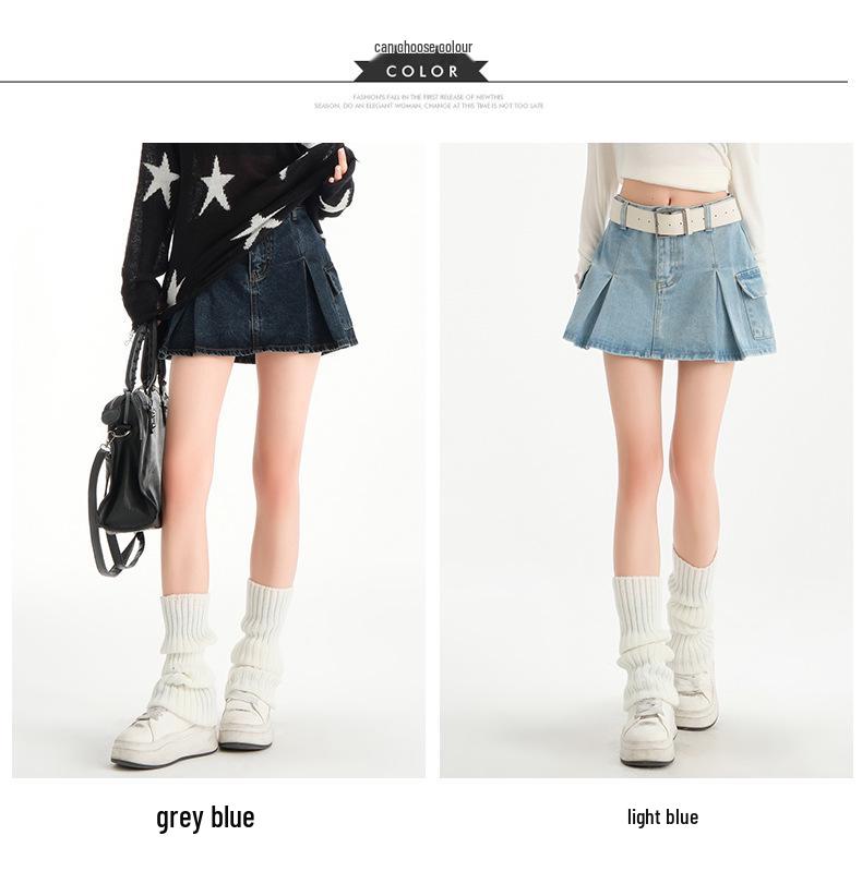 2025 Sommer Damen Hellblauer Plissierter Denim Minirock - Hochtailliert, Hüftbetont A-Linie Arbeitskleidung