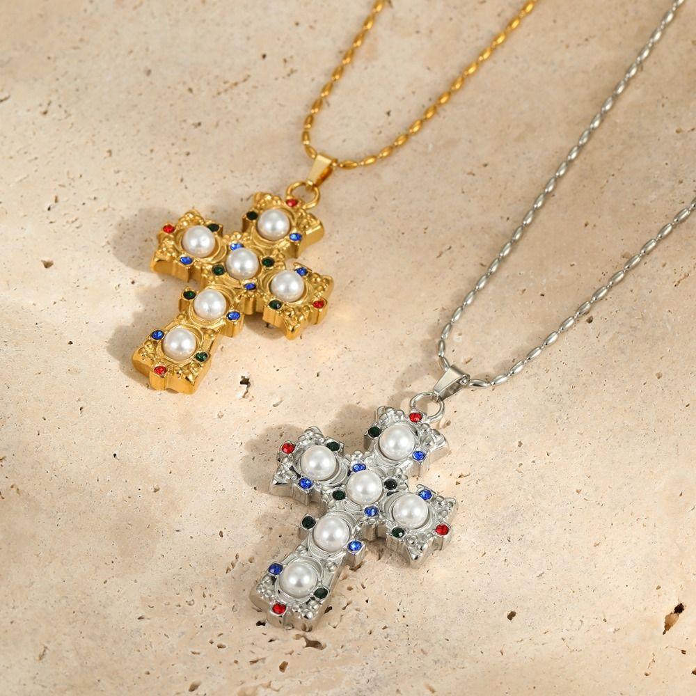 Stainless Steel Cross Pendant Necklace Exquisite Vintage Jewelry Necklace Pearl Necklace  Gift