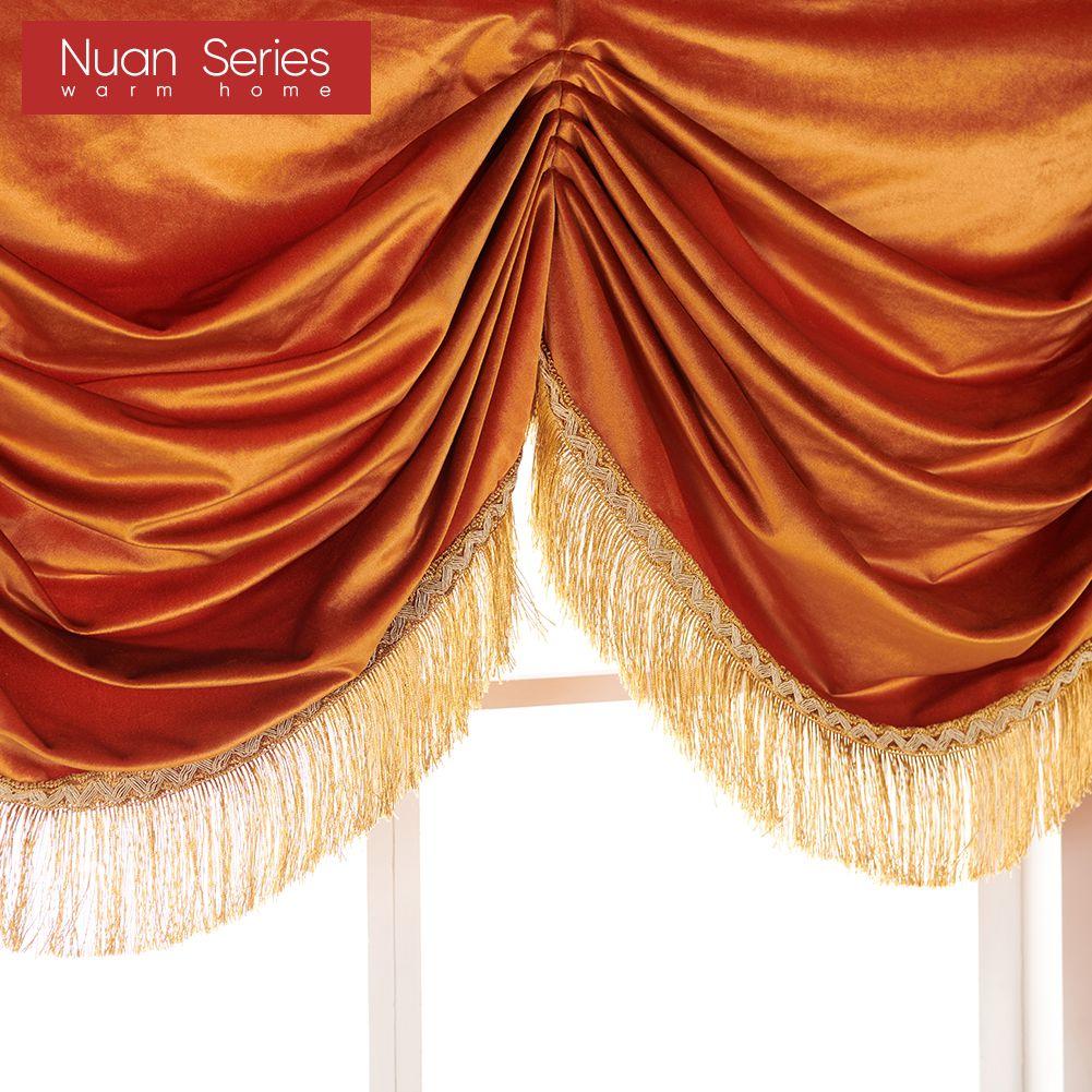 1PC Nuan Series Luxury Golden-Yellow Tassel Trim Waterfall Valance Velvet Texture Curtain For Kitchen Window Home Decor