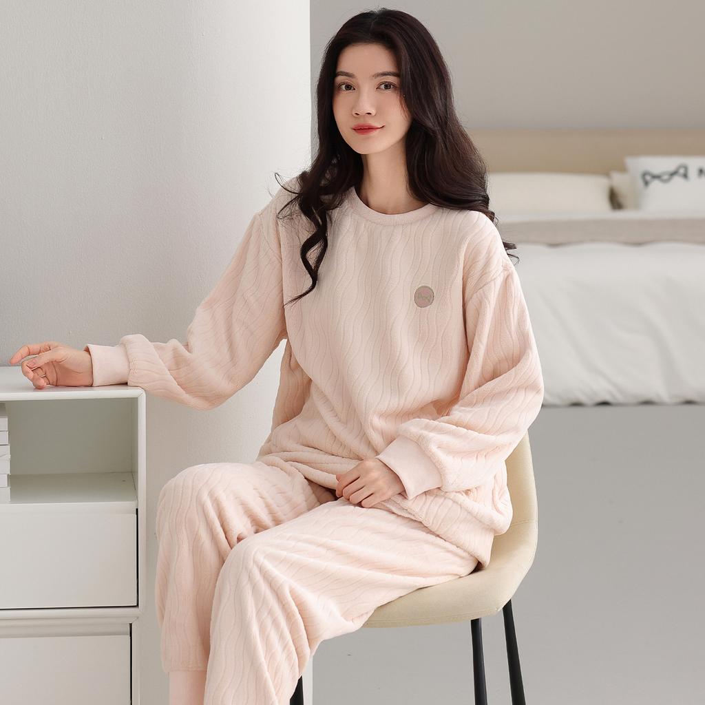Flannel Pajamas Women'S Autumn And Winter Fleece Thickened Warm Suit Sweet Coral Fleece Loungewear