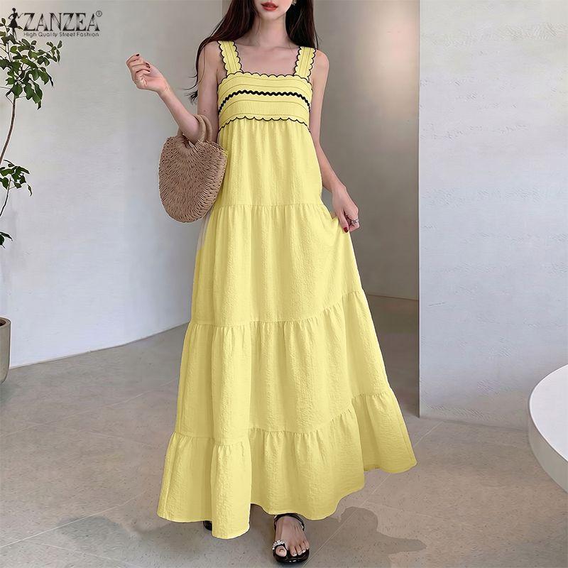 ZANZEA Women Bohemian Casual Square Collar Summer Sleeveless Holiday Long Dress