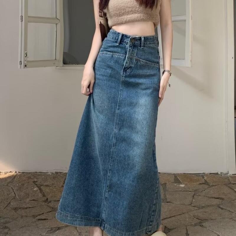 2024 Women's High Waist A-Line Denim Skirt, Large Size, Stylish Slim Fit with Back Slit