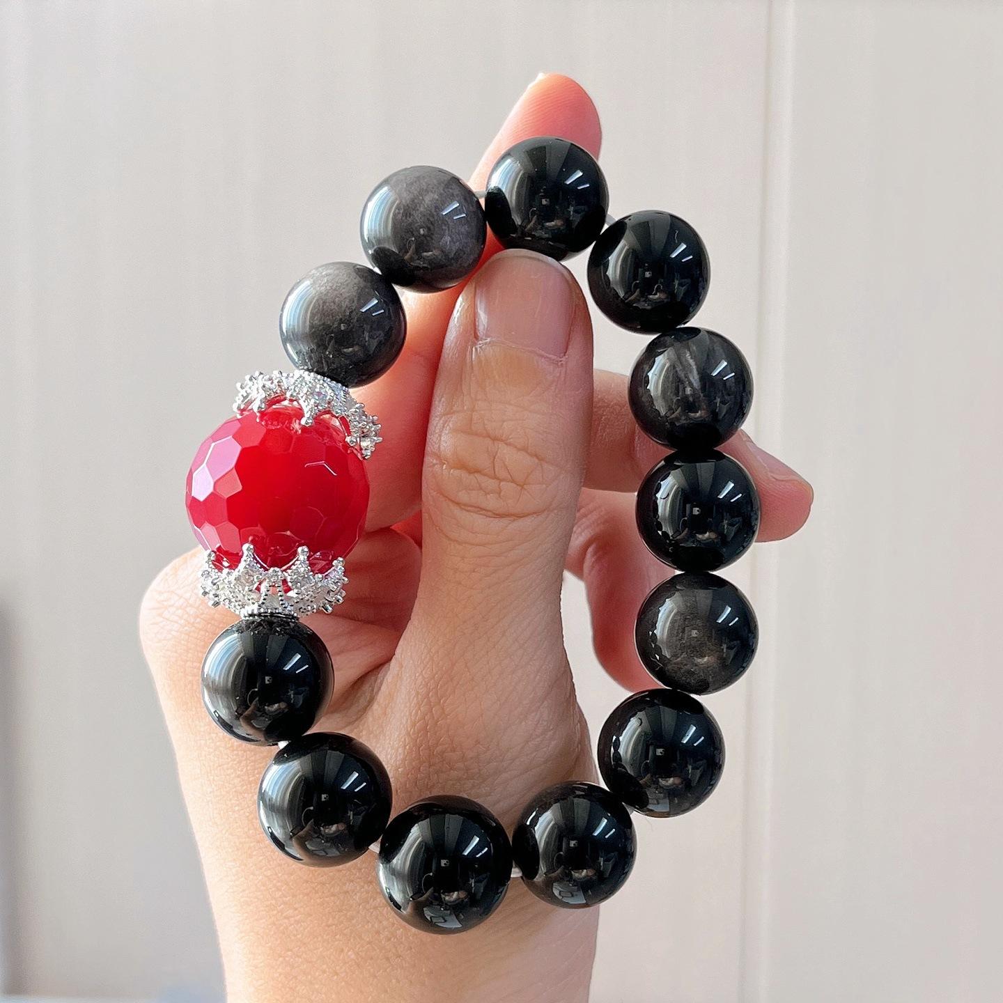 14Mm Large Granular Silver Obsidian 20 Diamond Cut Chalcedony Bracelet Bracelet