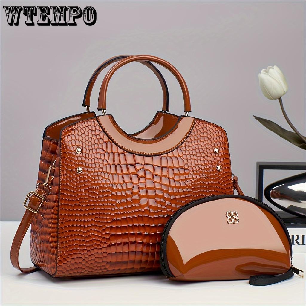 Geantă tote-mamă strălucitoare cu volum mare, elegantă, cu imprimeu de crocodil