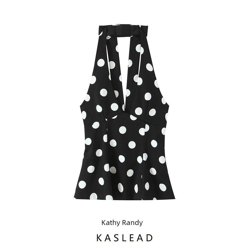 Kaslead New Women clothes Western Style Bowknot Decoration Polka Dot Neck Collar Top 3067120